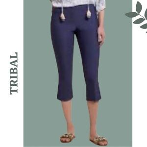 Tribal Capri Pant Flatten Fit Button Hem Detail Stretch Jet Blue